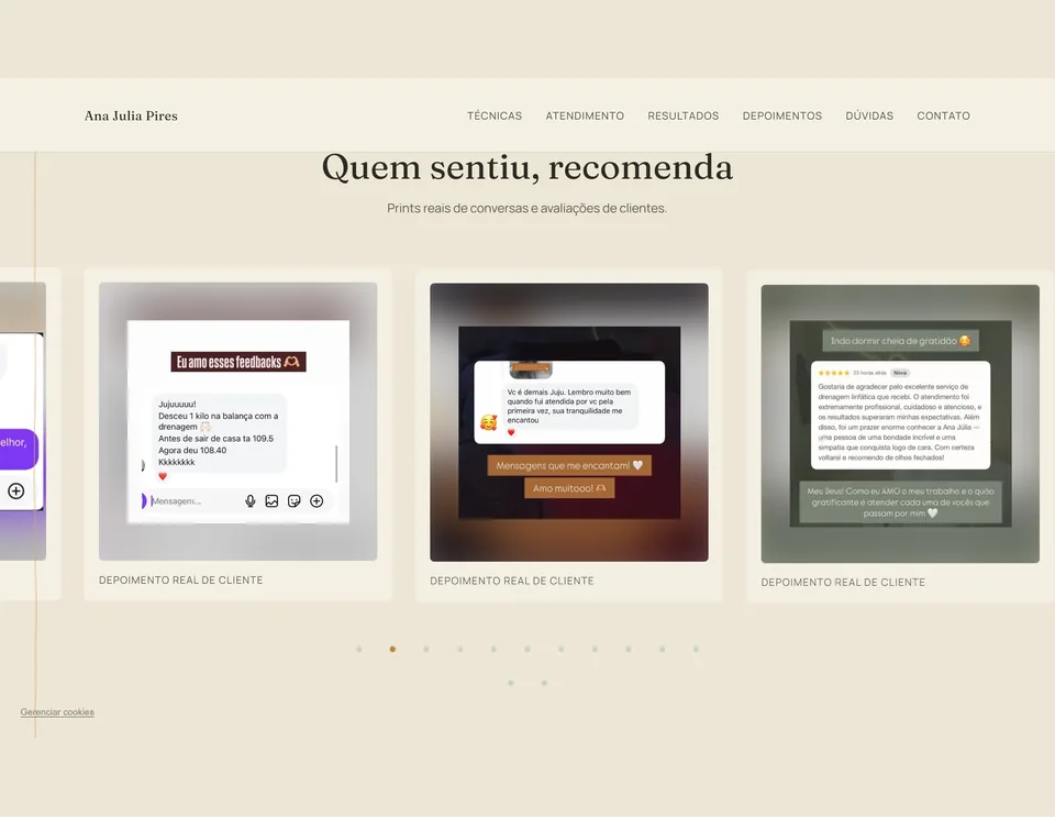 Depoimentos reais de clientes da Ana Julia Pires