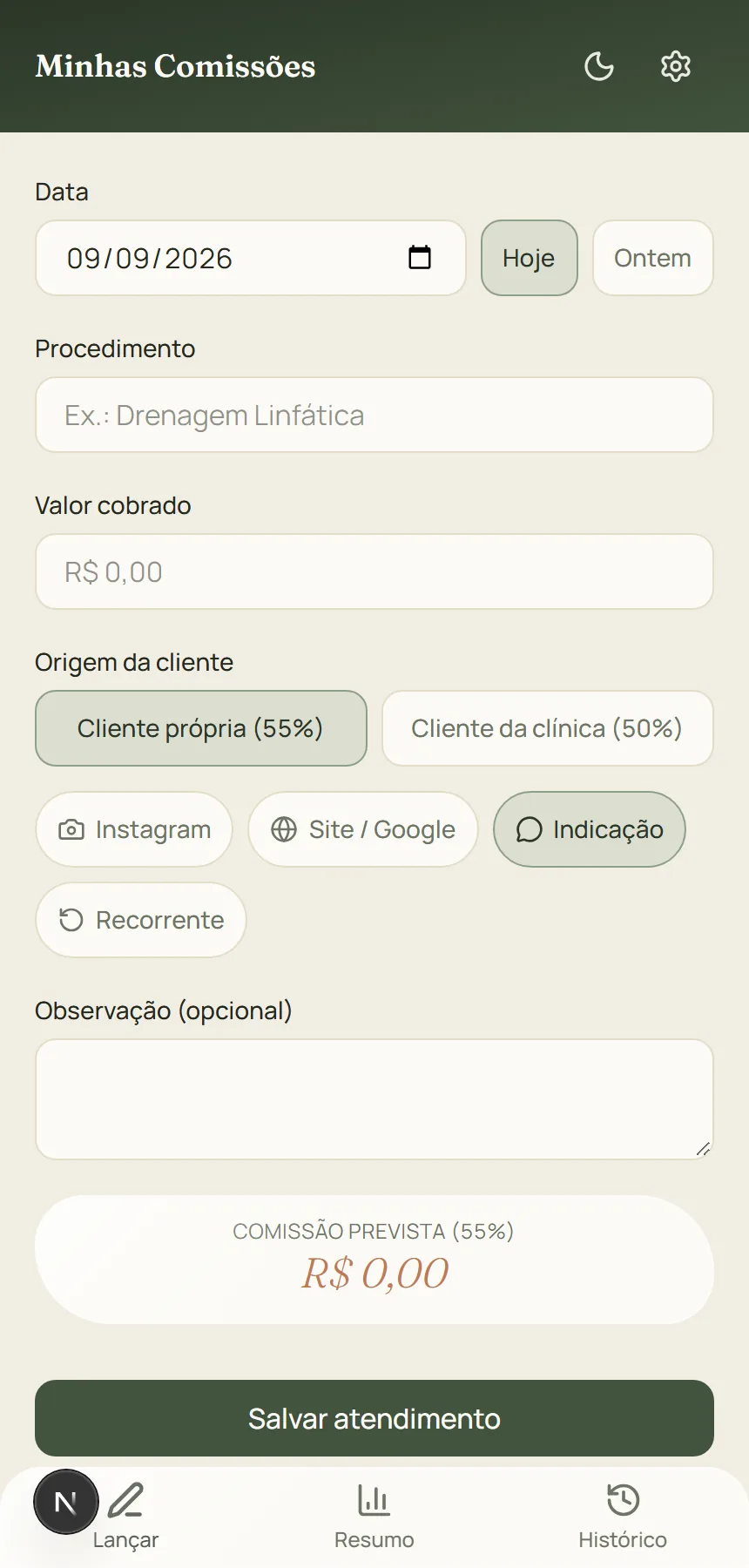 Tela de lançamento de atendimento do app Minhas Comissões