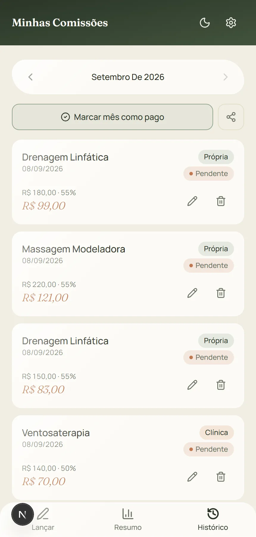 Tela de histórico de atendimentos do app Minhas Comissões